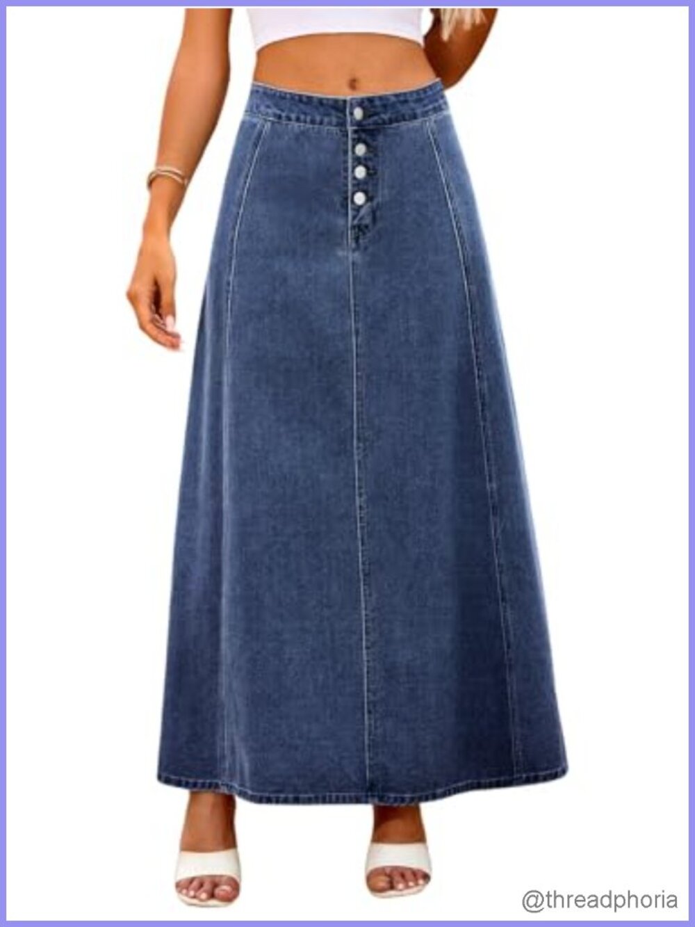 High Waist Denim Maxi Skirt A-Line Flare Stretch Jean Skirt Pockets